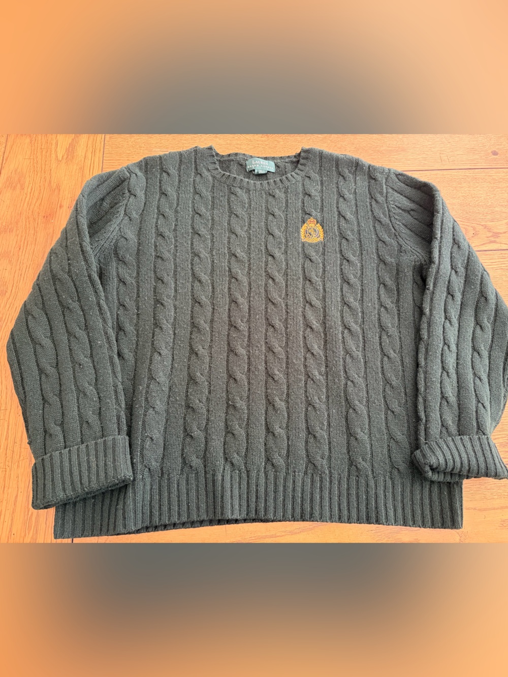 Lauren Ralph Lauren Dark Green Cable Crewneck Sweater with Gold Crest